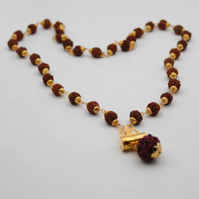 Mahakal Tabiz Damru Trishul Locket With Rudraksha Golden Cap Mala for Men and Women