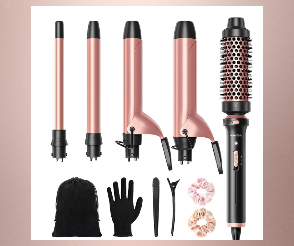 Cueen Professional Interchangeable Hair Curling Wand Thermal Brush Flat Iron 5-in-1