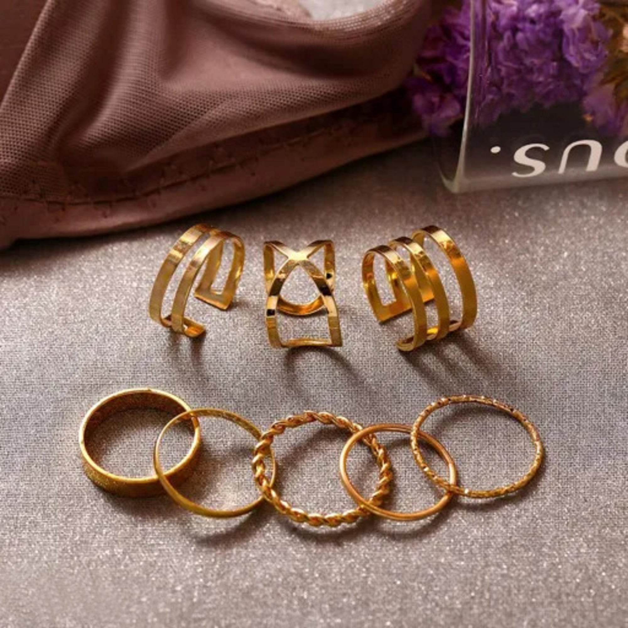 Cueen Multi Design Gold Finger Ring Set (Adjustable)
