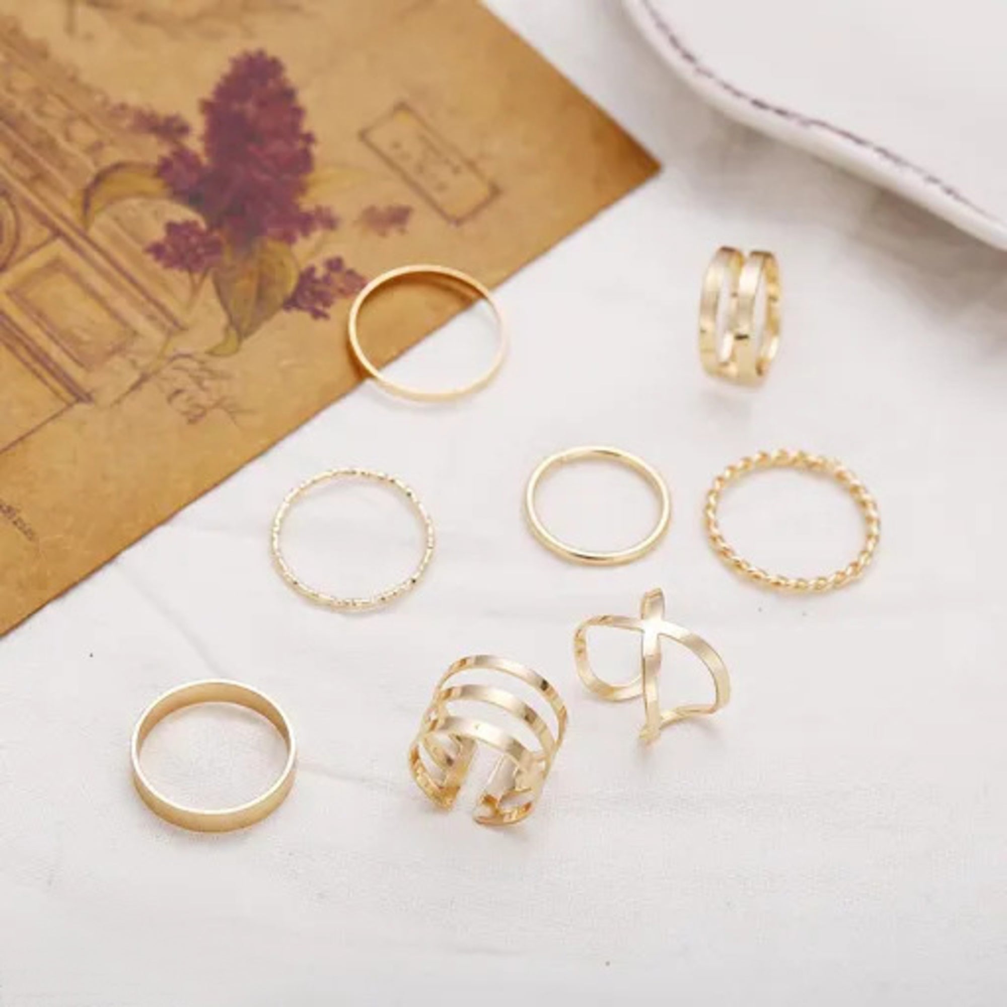Cueen Multi Design Gold Finger Ring Set (Adjustable)