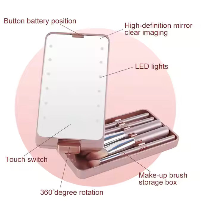 Compact Mirror Brushes Makeup Brush Mirror Set With LED Lights