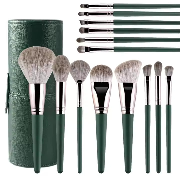 14 pcs Green Makeup Brushes with Leather Box