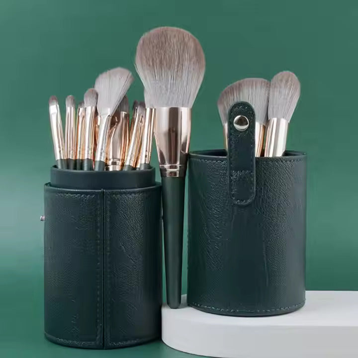 14 pcs Green Makeup Brushes with Leather Box