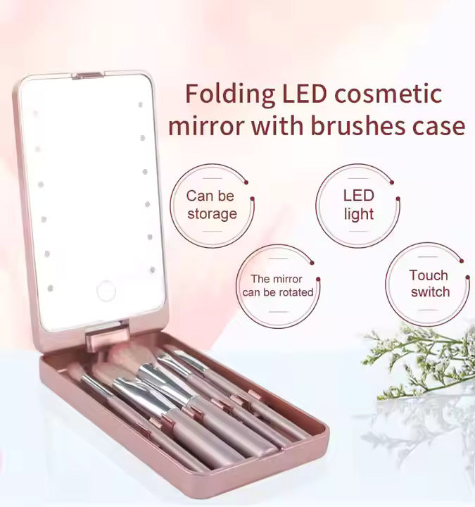 Compact Mirror Brushes Makeup Brush Mirror Set With LED Lights
