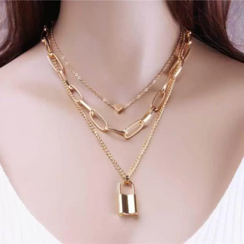 Cueen Lock & Heart Pendant Layered Necklace