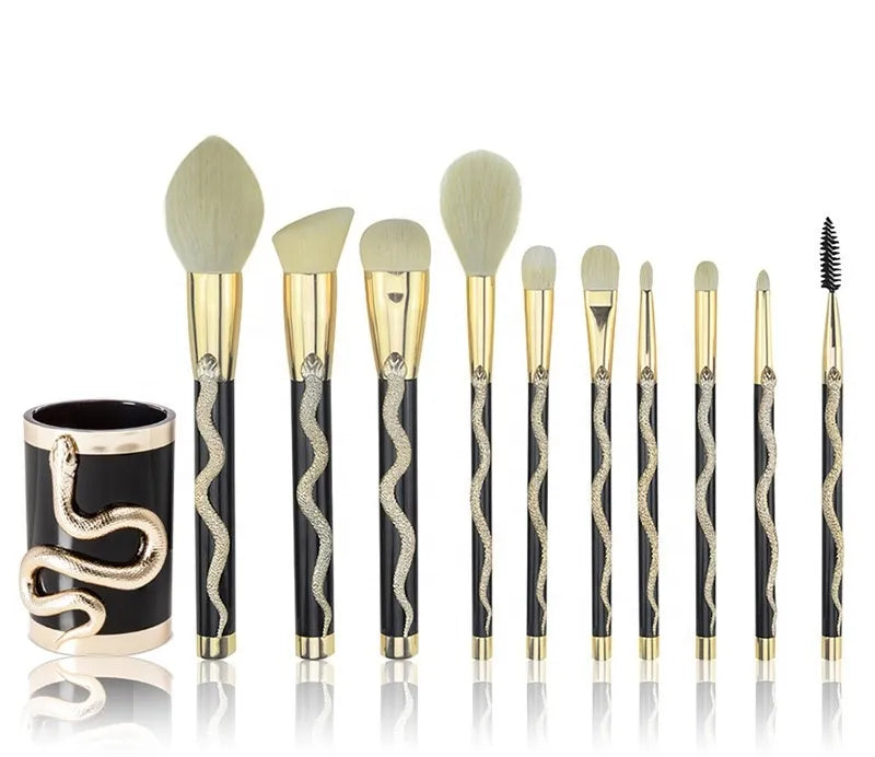 Cueen™ Luxury Makeup Tools 10PCS 3D Snake Shape Makeup Brushes Set with Barrel Holder