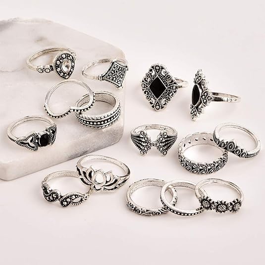 Cueen Multi Design Oxidised 15 Rings Set (Adjustable)