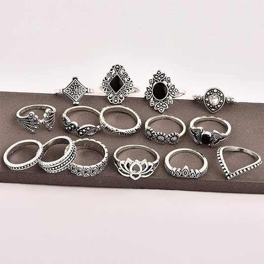 Cueen Multi Design Oxidised 15 Rings Set (Adjustable)