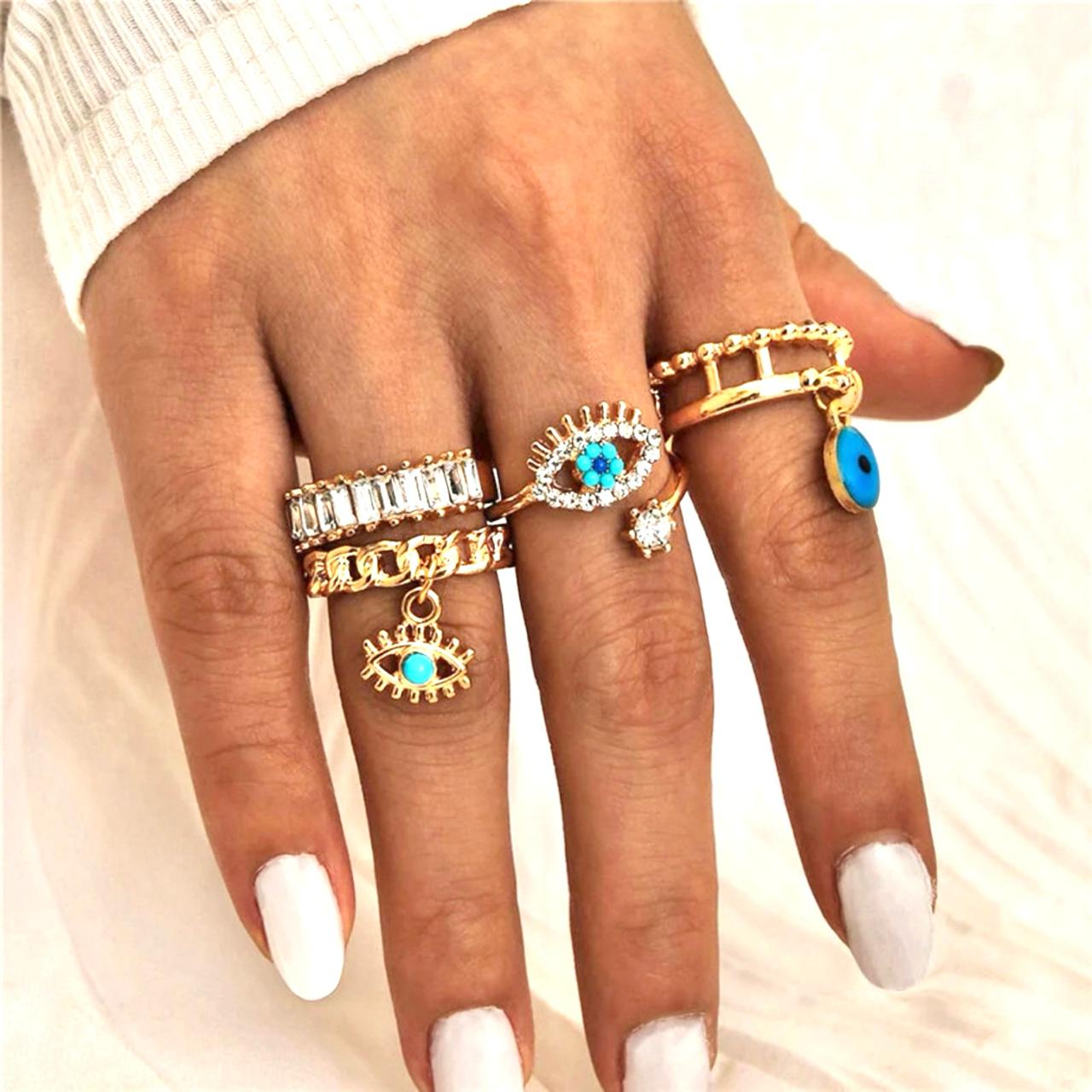 Cueen Evil Eye Finger Ring Set (Adjustable)
