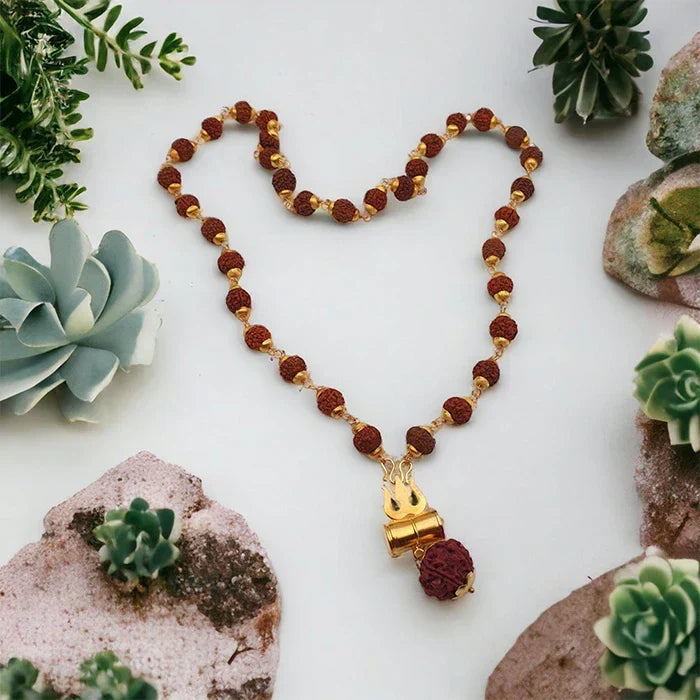 Mahakal Tabiz Damru Trishul Locket With Rudraksha Golden Cap Mala for Men and Women