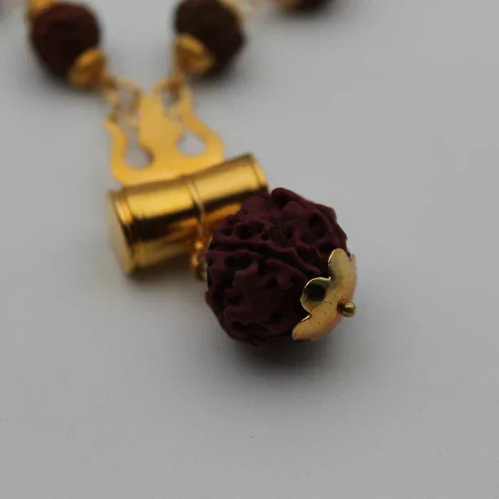 Mahakal Tabiz Damru Trishul Locket With Rudraksha Golden Cap Mala for Men and Women
