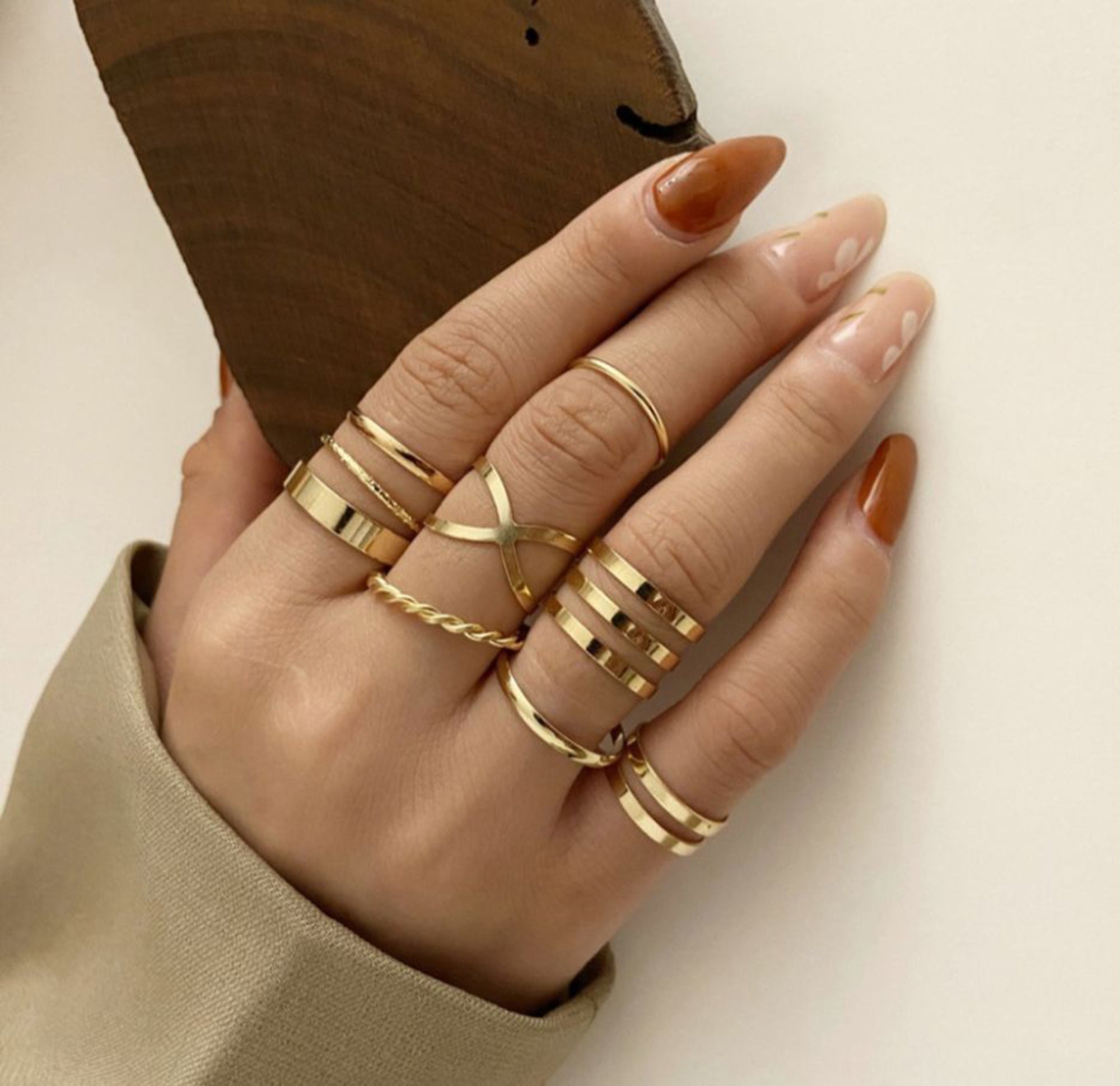 Cueen Multi Design Gold Finger Ring Set (Adjustable)