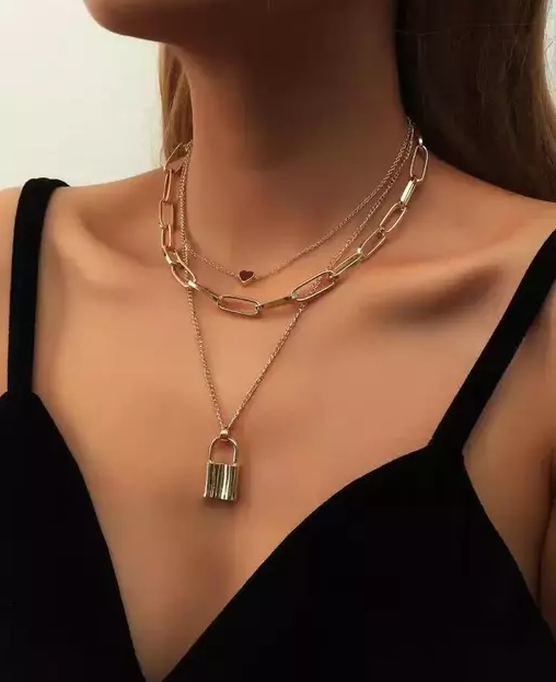 Cueen Lock & Heart Pendant Layered Necklace