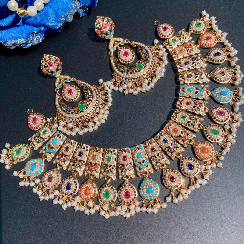 Cueen Navratna Bridal Jadau Necklace Set | 22-K Gold Plated