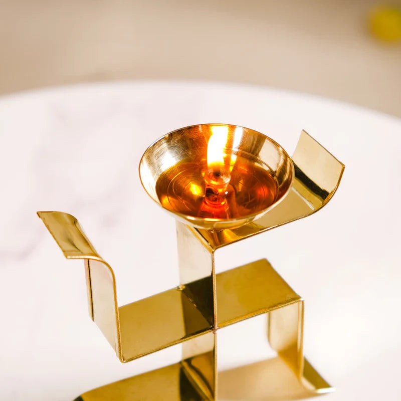 Swastik Oil Lamp Votive Set Of 2 Small Gold