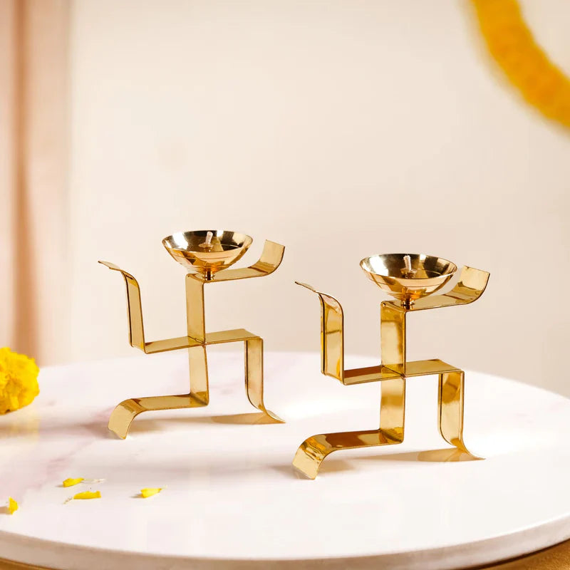 Swastik Oil Lamp Votive Set Of 2 Small Gold