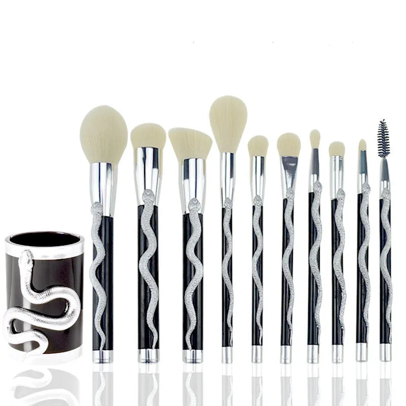 Cueen™ Luxury Makeup Tools 10PCS 3D Snake Shape Makeup Brushes Set with Barrel Holder