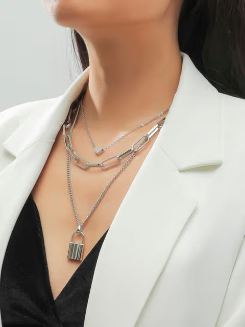 Cueen Lock & Heart Pendant Layered Necklace