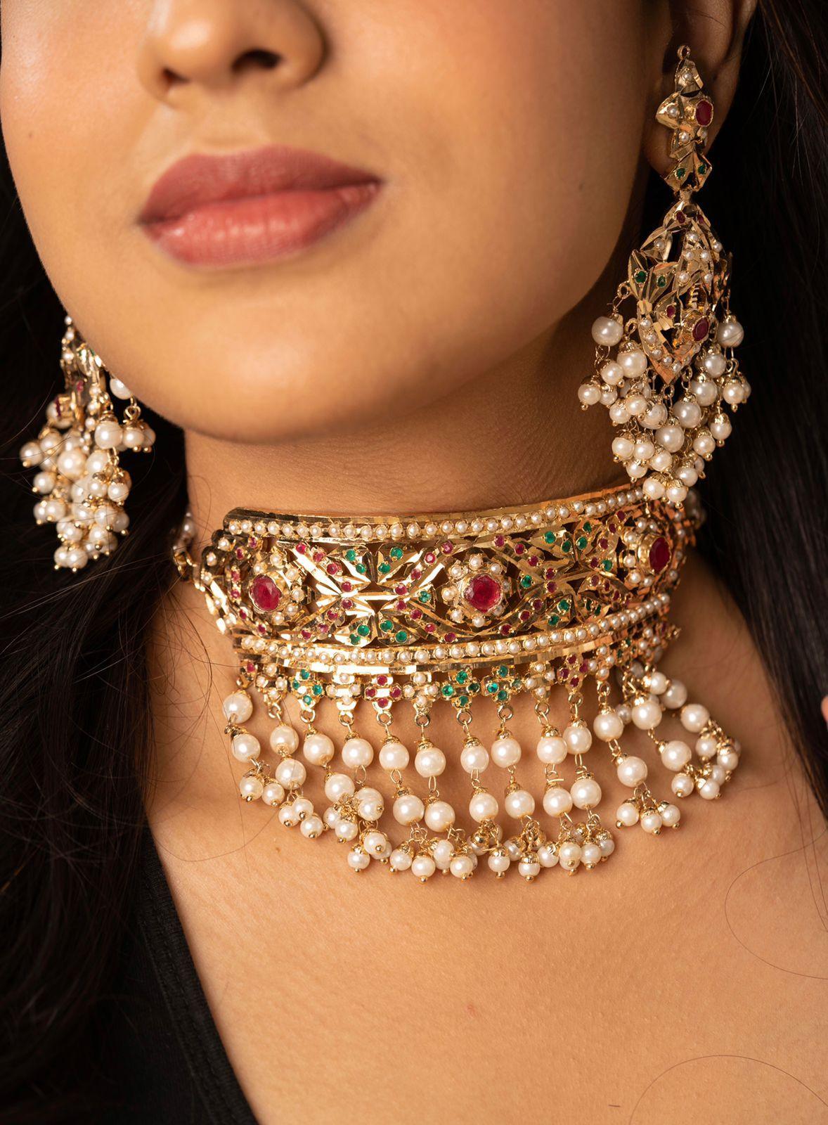 Cueen Ruby Diamond Jadaau Set with Jhaalars | 22-K Gold Plated