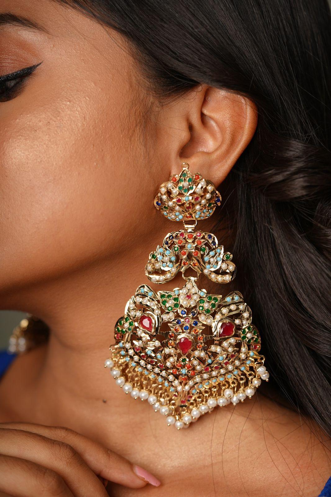 Cueen Multicolor Jadau Danglers | 22-K Gold Plated