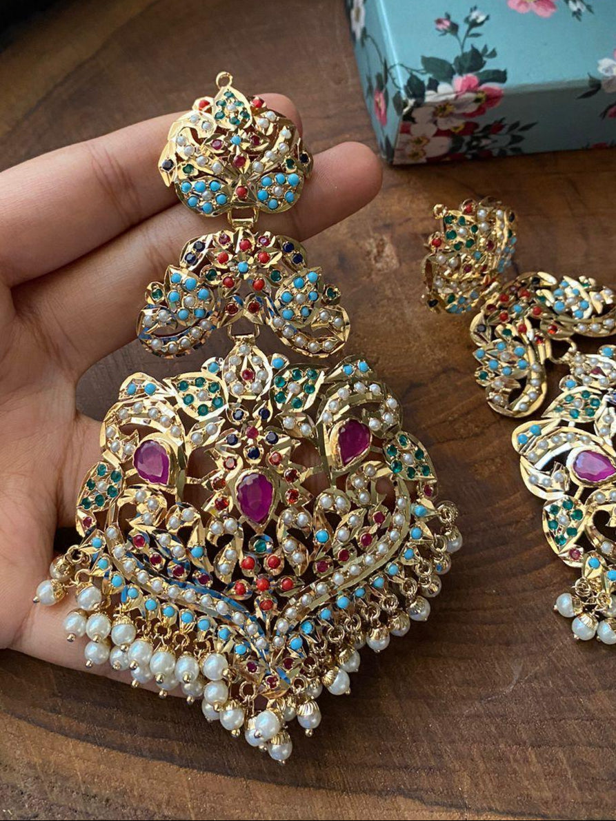 Cueen Multicolor Jadau Danglers | 22-K Gold Plated